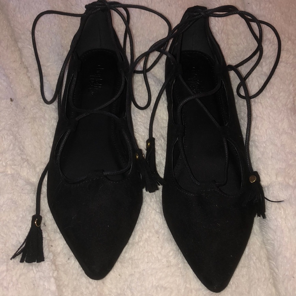 Black tie up pointed toe flats